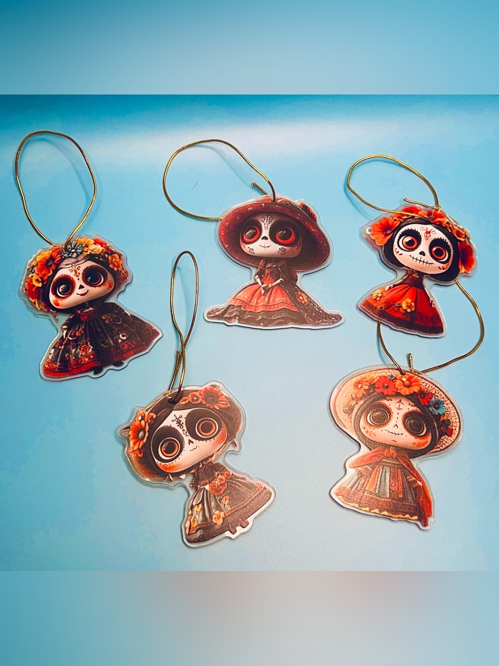 Día de los Muertos Hanging Doll Ornaments - Set of 5 Sugar Skull Catrina NWOT